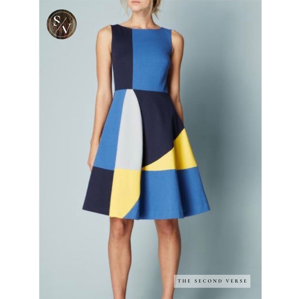 Boden Matilda Ponte Midi Dress Colorblock Navy Yellow Blue Size 10